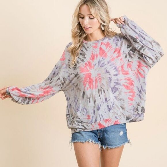 BiBi Tie Dye Print Terry Pull Over Women's Tie-Dye Long Sleeve Top sz Large - Picture 5 of 7
